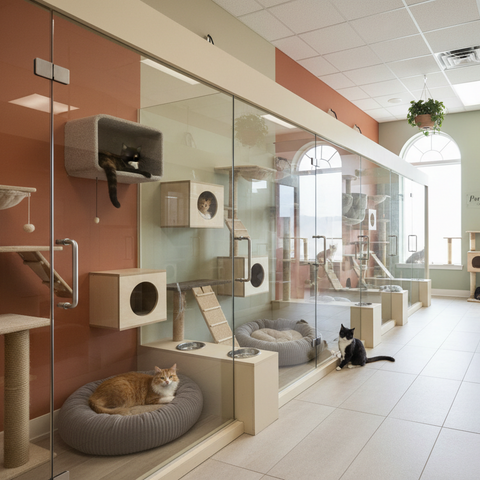 Cat cafe with various cat trees, beds, and perches.