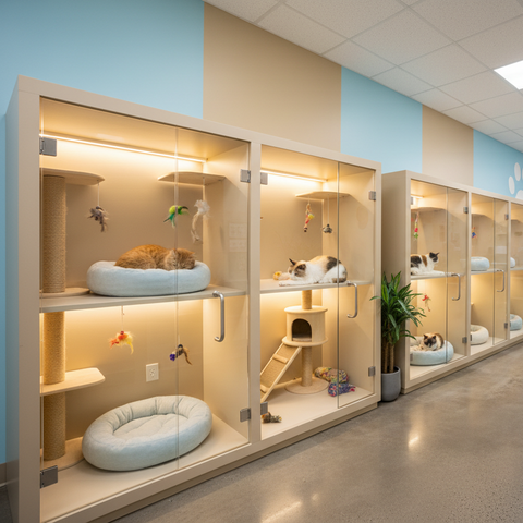 Pet boarding kennels with cats inside in a veterinary clinic.