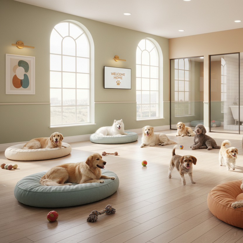 Dog daycare with multiple dogs on their beds in a well-lit room.