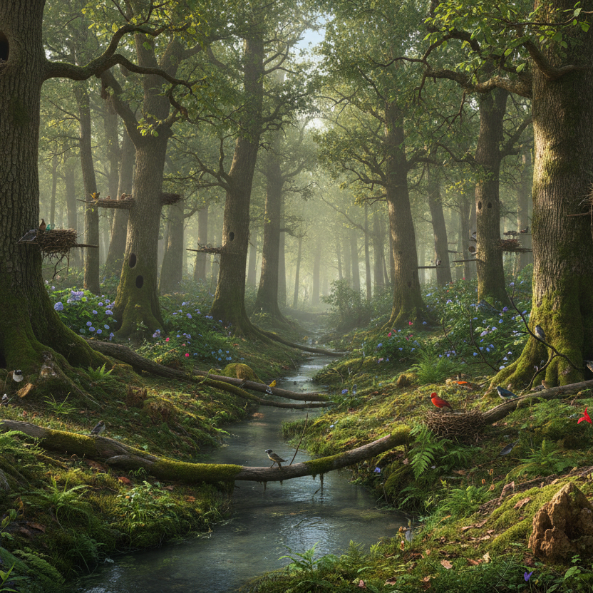 Mystical forest scene with a stream and overgrown trees