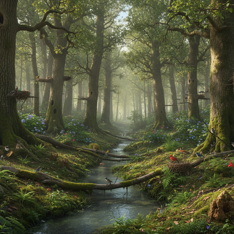 Mystical forest scene with a stream and overgrown trees