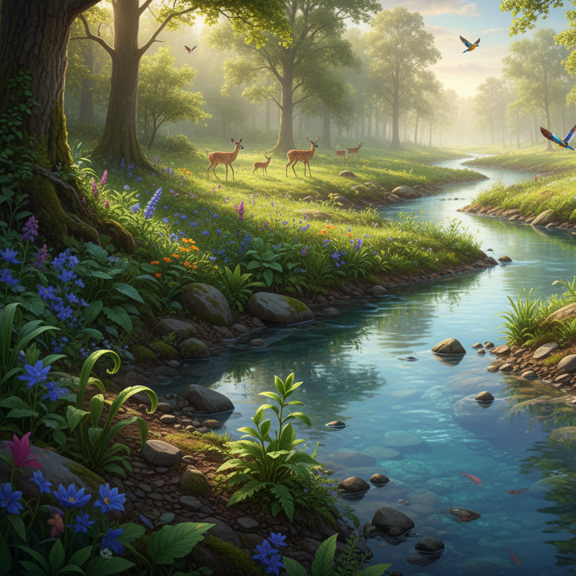 Majestic forest scene with a stream, deer, and colorful flowers.