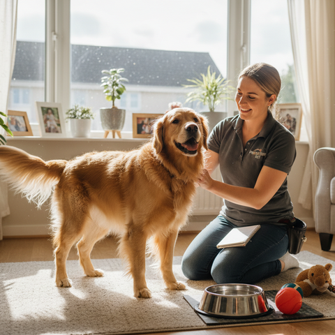 Woman petting a golden retriever in a living room with a bowl and toys on the floor.