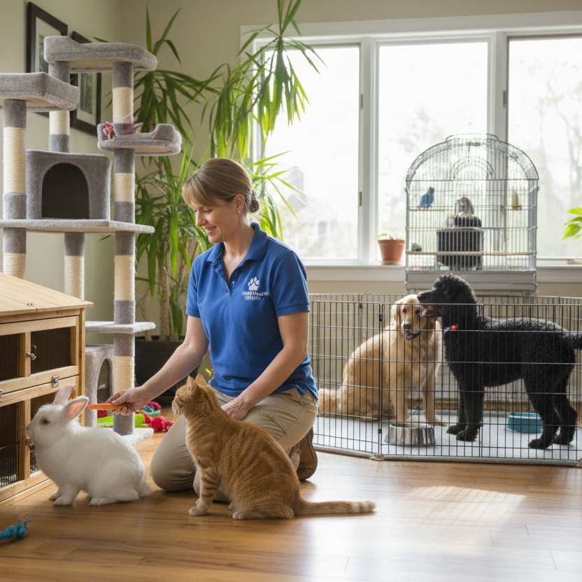 Person interacting with pets in a home setting with pet furniture and supplies.
