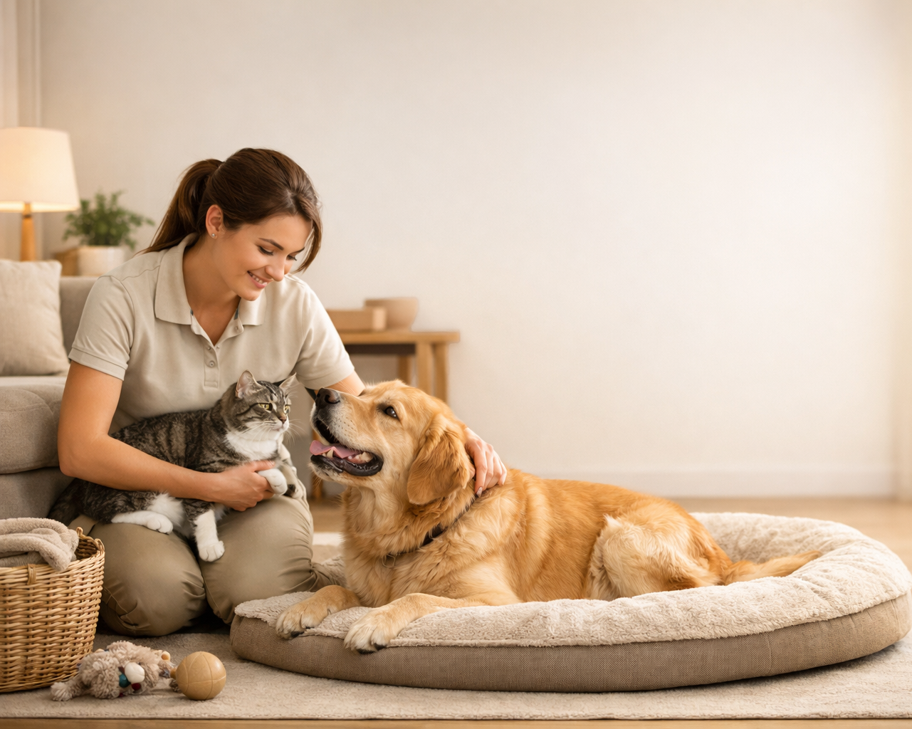 Woman sitting on the floor with a cat and a dog on a pet bed in a bright room.