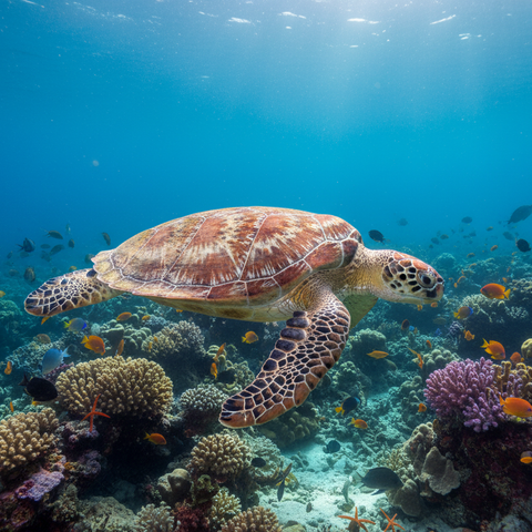 Turtle swimming over a vibrant coral reef with sunlight filtering through the water.