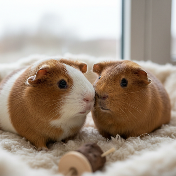 Two guinea pigs sitting close together on a soft surface with a blurred background