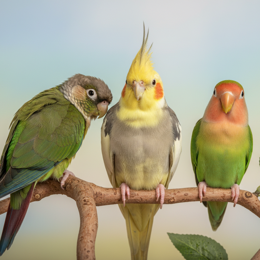 Three colorful parrots perched on a branch with a blurred natural background