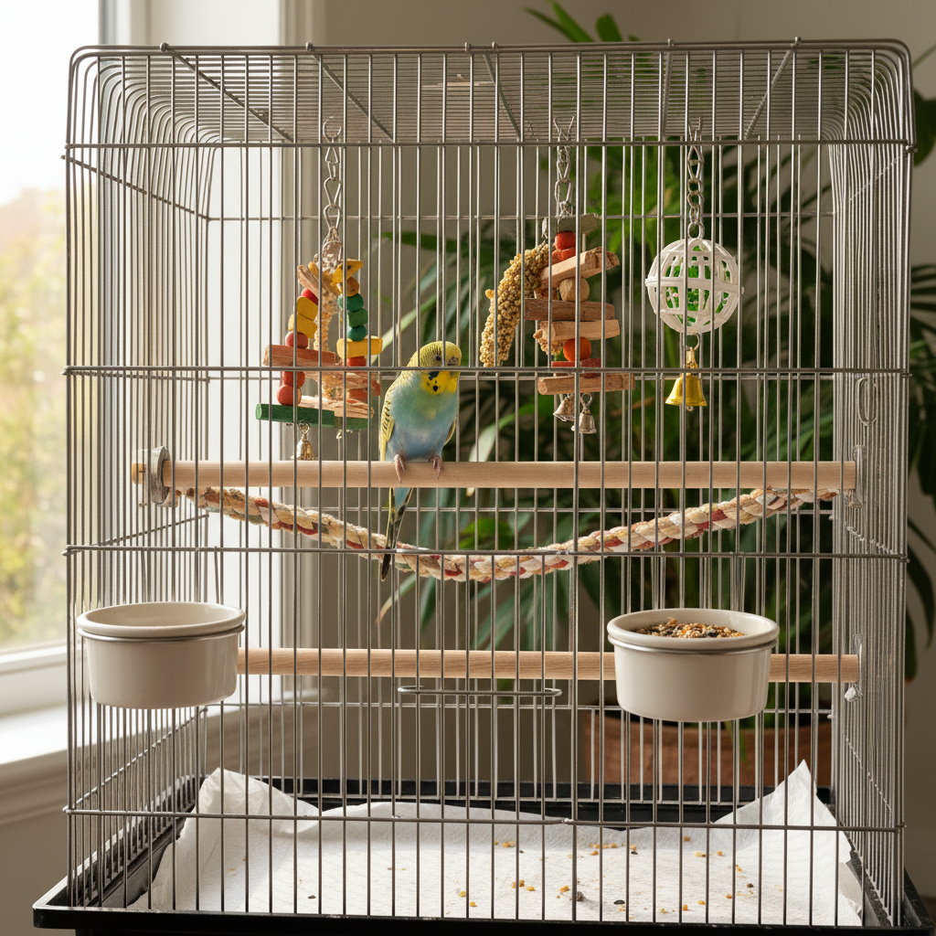Bird in a cage with perches and toys, surrounded by greenery