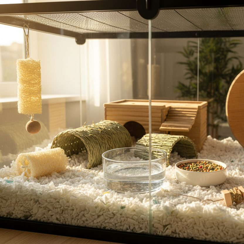 Hamster cage with various accessories and food on a light-colored bedding.