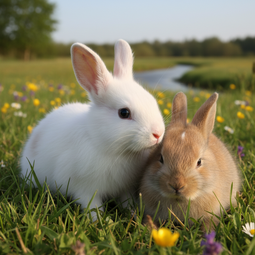 Two rabbits standing close to each other in a grassy field with flowers.