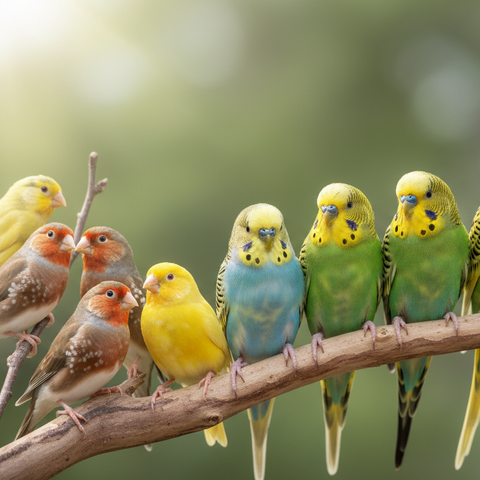 Group of colorful parakeets perched on a branch with a blurred natural background