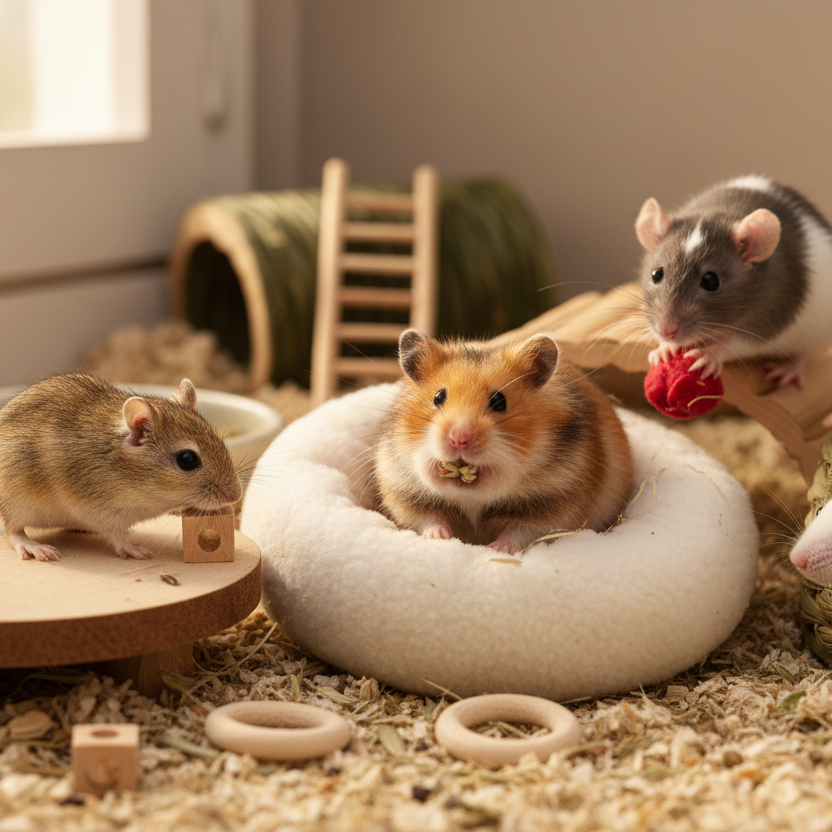 Hamsters in a pet enclosure with toys and a wheel.
