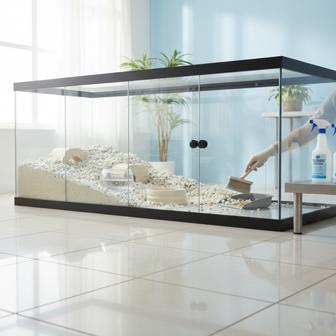 Clear fish tank with pebbles and plants on a tiled floor, with a person cleaning it.