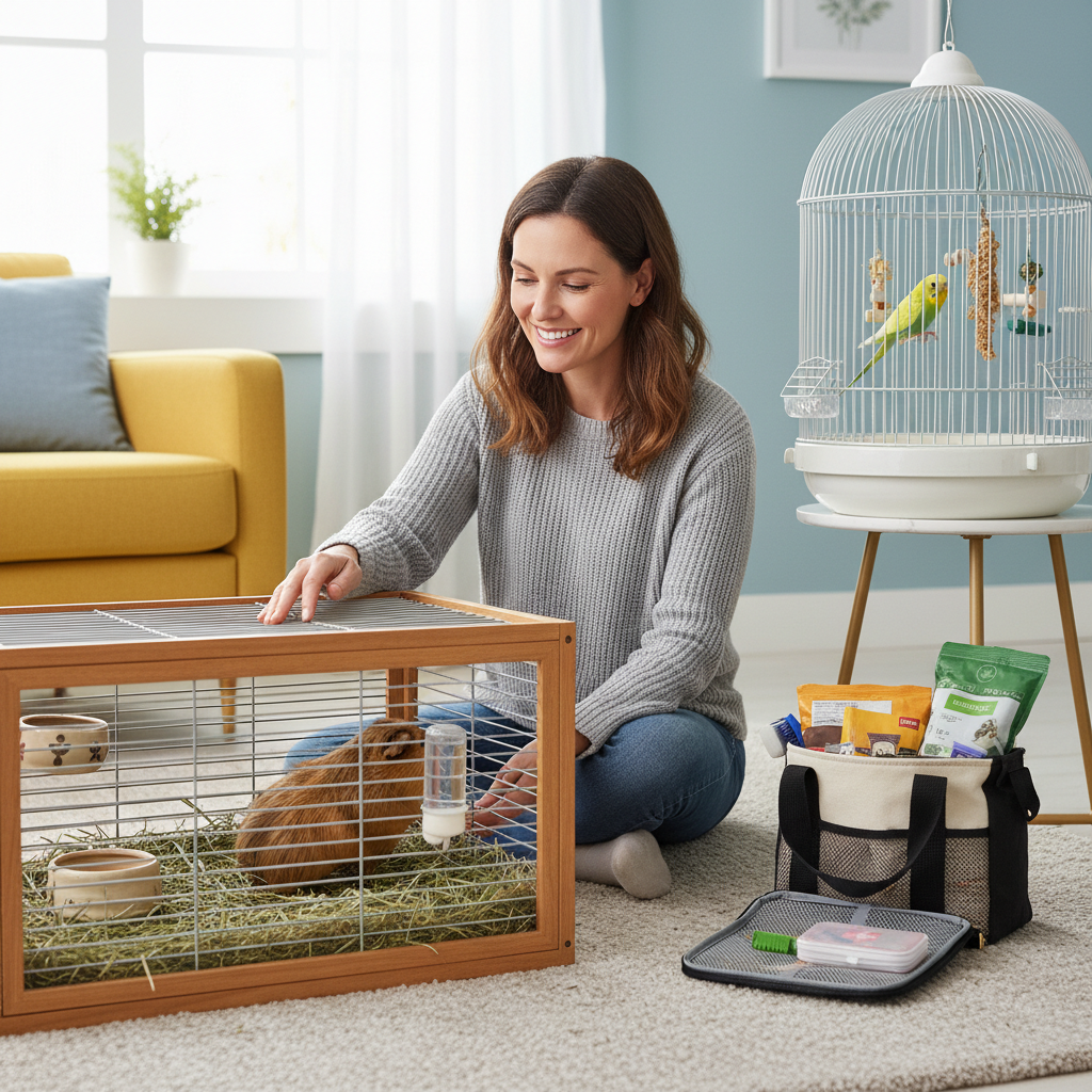 Woman interacting with a pet rabbit in a cage in a living room.