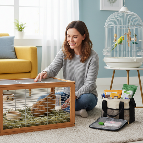 Woman interacting with a pet rabbit in a cage in a living room.