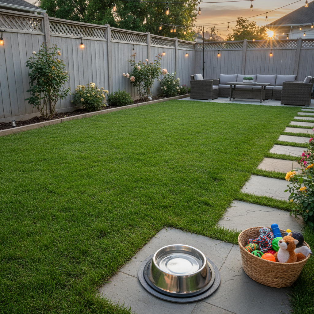 Backyard with green grass, patio furniture, and a dog's water bowl and toys.